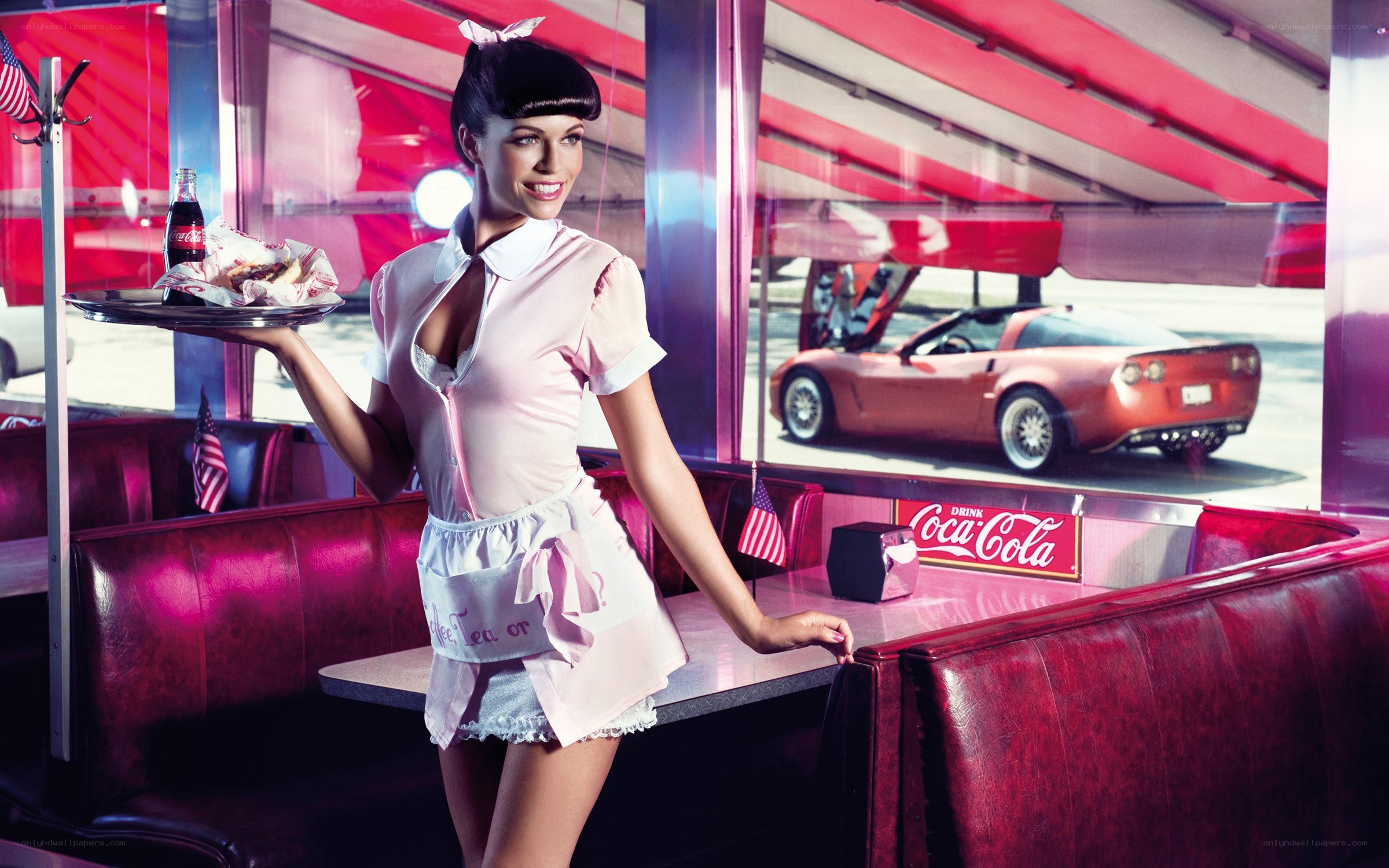 Diner waitress with car