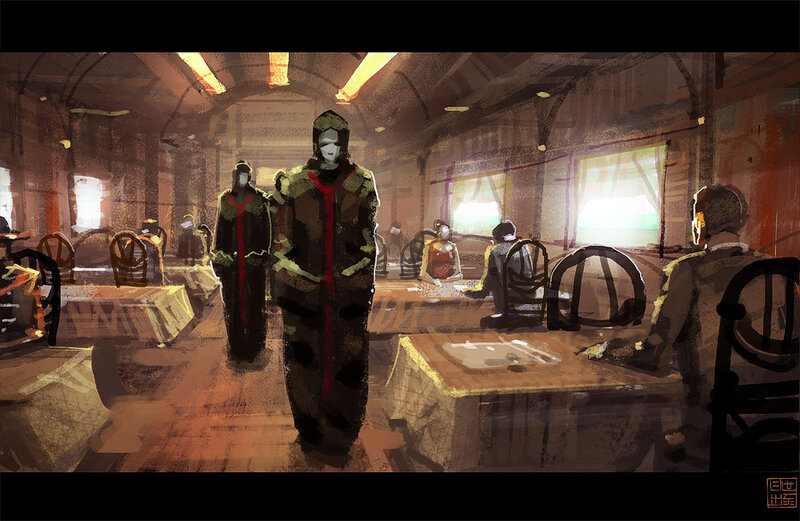 dining car with masked figures