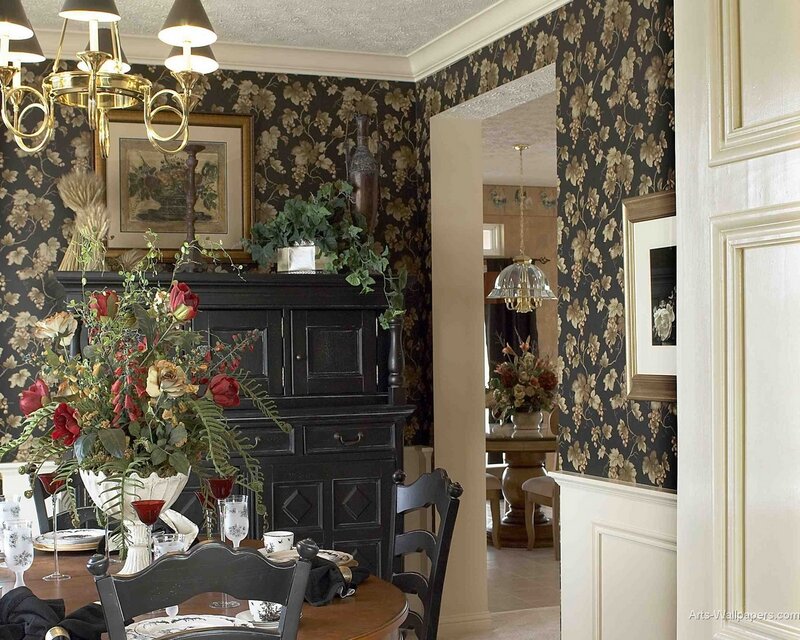 dining room with floral wallpaper