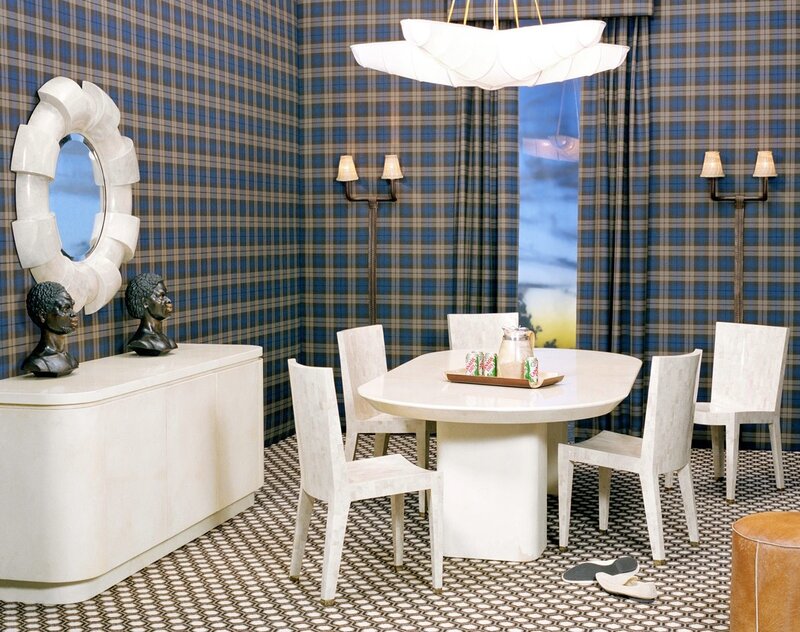 dining room with plaid wallpaper