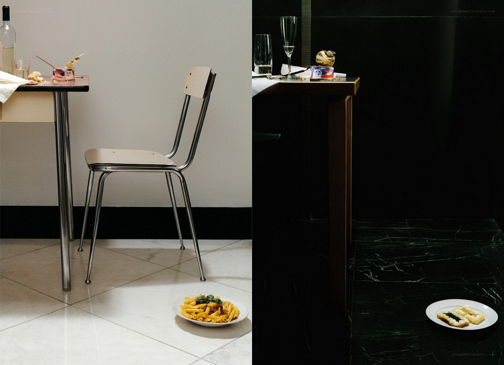 Dining table with food on floor