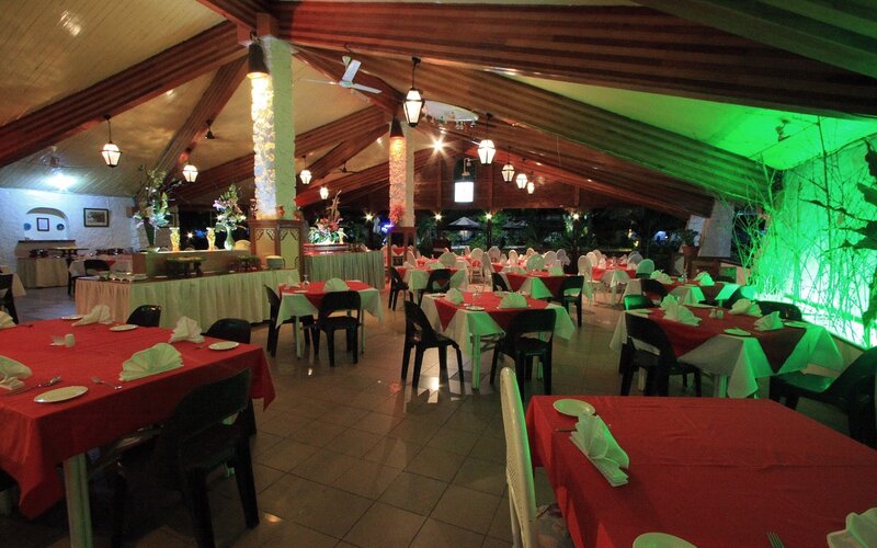 Dinner hall with red tables