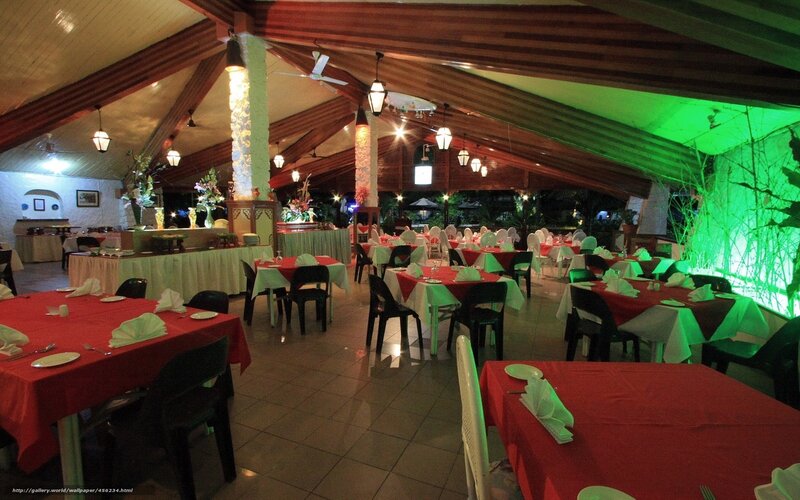 Dinner hall with red tables