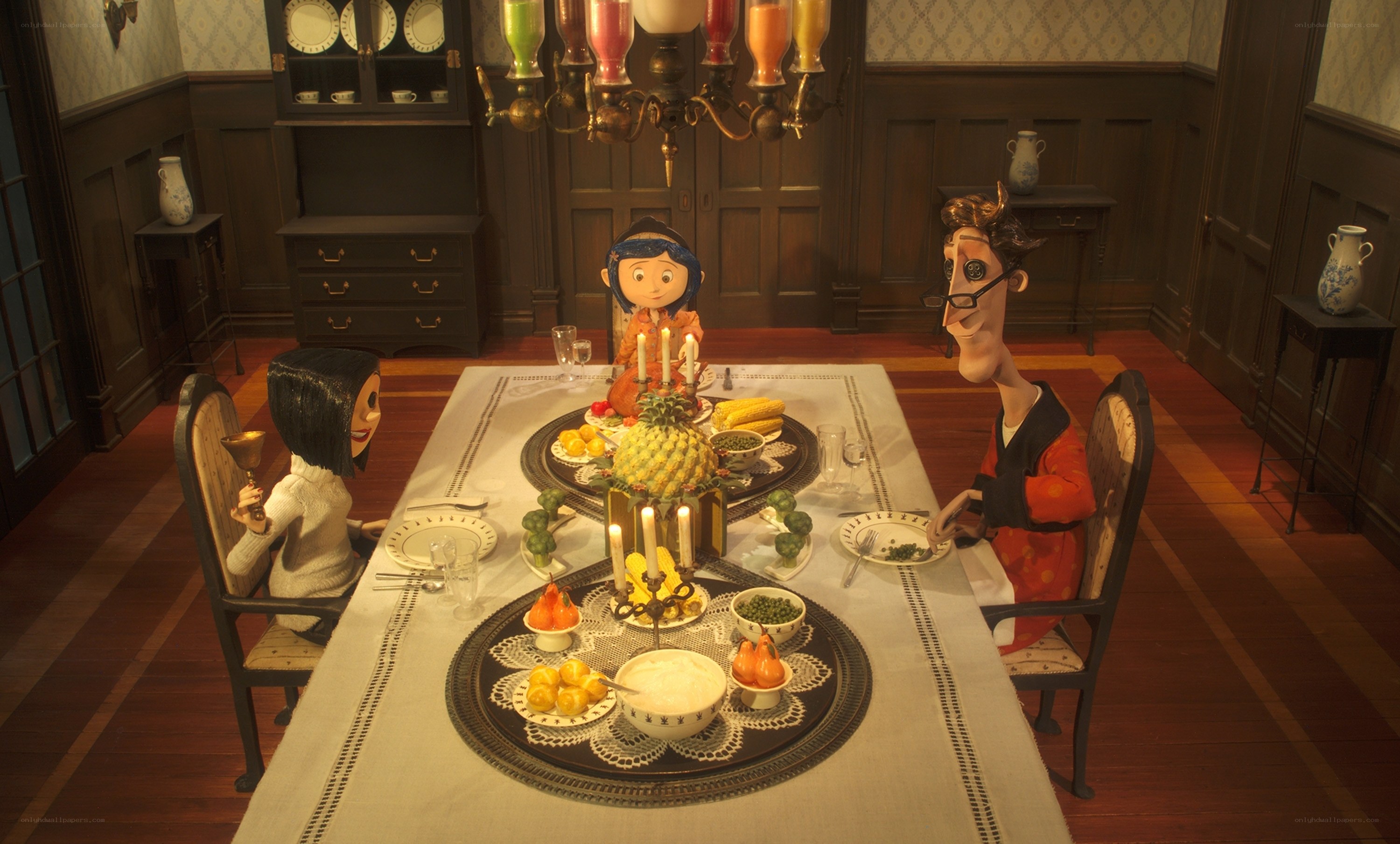 dinner scene with puppets