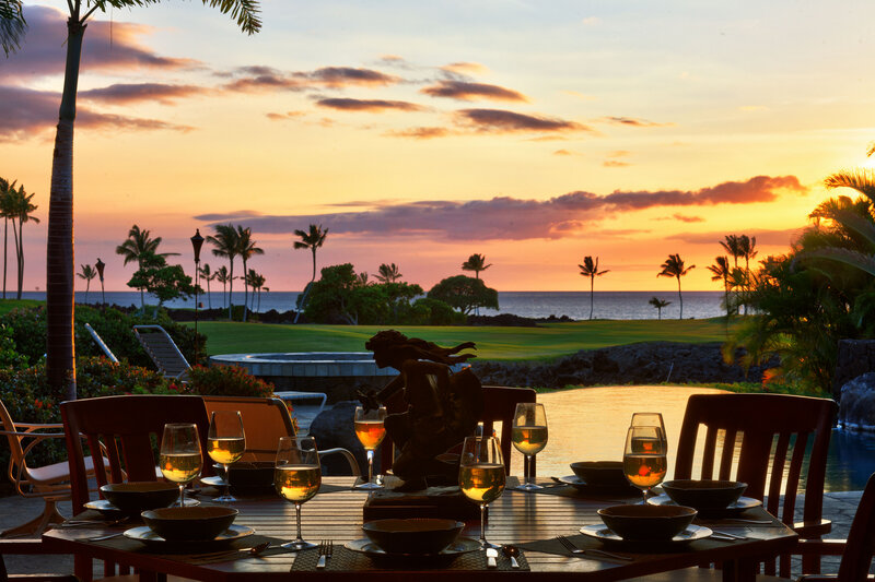 Dinner Table at Sunset — Orange, Serene, Photograph, Palm Trees
