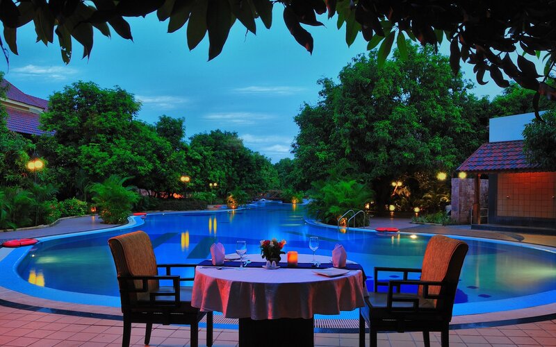 Dinner Table by Pool — Blue, Serene, Night, Photograph, Trees