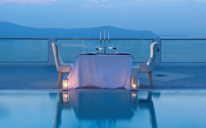 Dinner Table by Pool — Blue, Serene, Sunset, Photograph