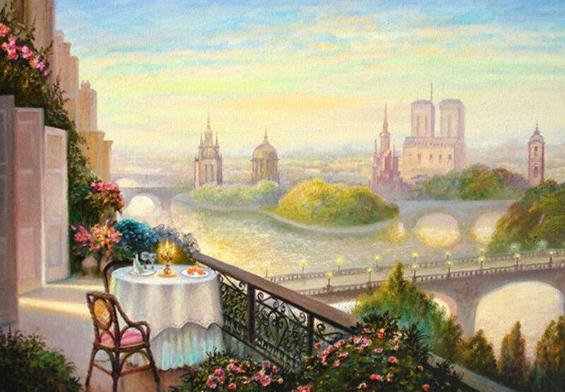 Dinner Table on Balcony — Blue, Serene, Sunset, Painting