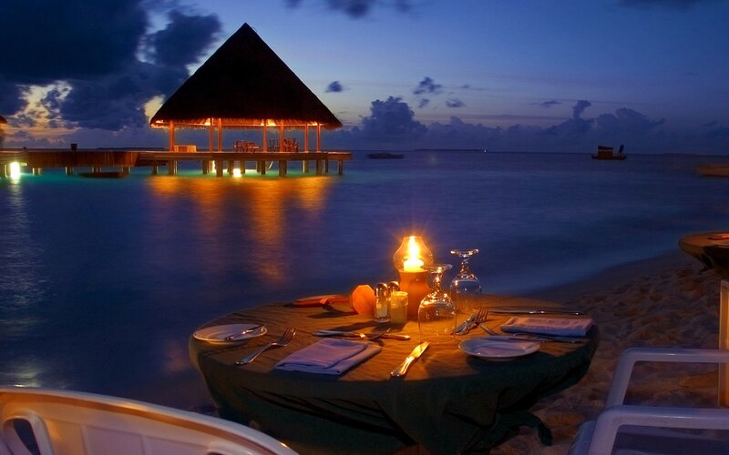 Dinner Table on Beach — Blue, Serene, Night, Photograph, Candle