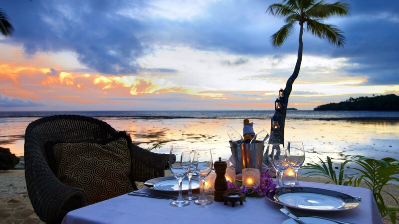 Dinner Table on Beach — Blue, Serene, Sunset, Photograph, Palm Tree