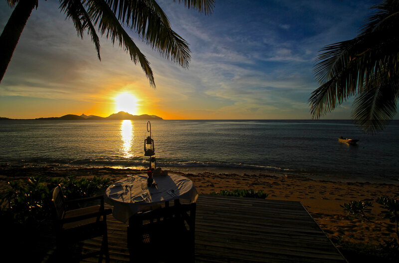Dinner Table on Beach — Blue, Serene, Sunset, Photograph, Palm Trees