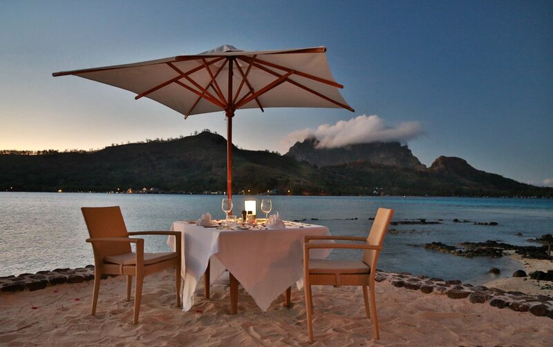 Dinner Table on Beach — Blue, Serene, Sunset, Photograph, Umbrella