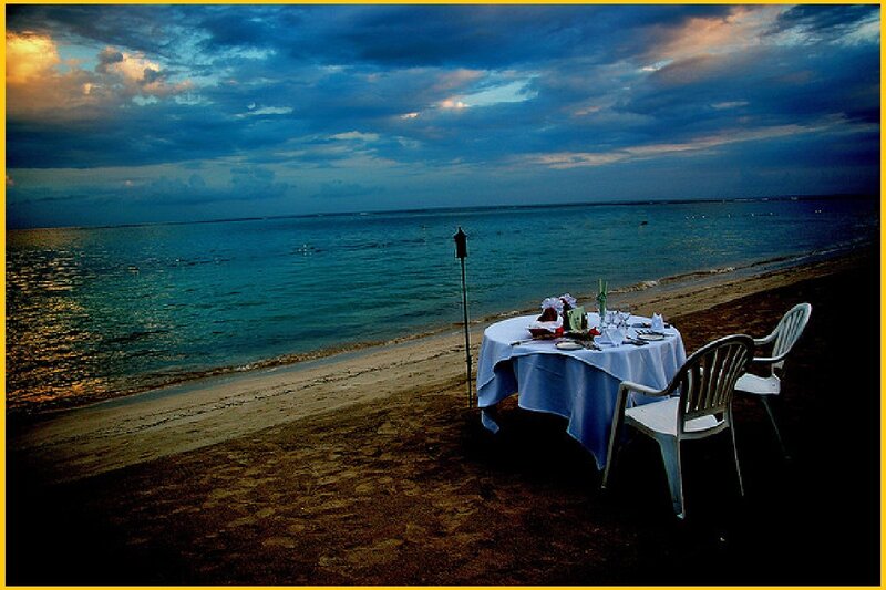 Dinner Table on Beach — Blue, Serene, Sunset