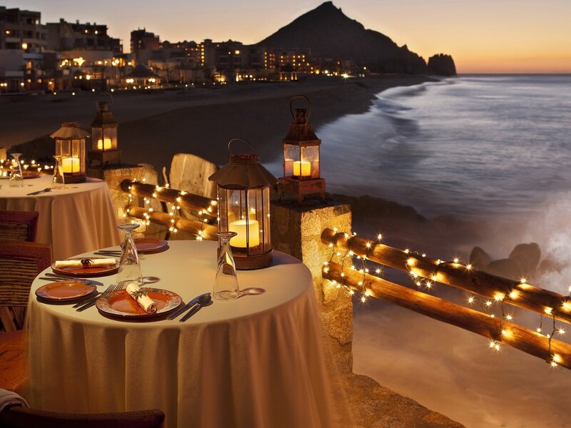 Dinner Table on Beach — Orange, Serene, Sunset, Photograph, Lanterns