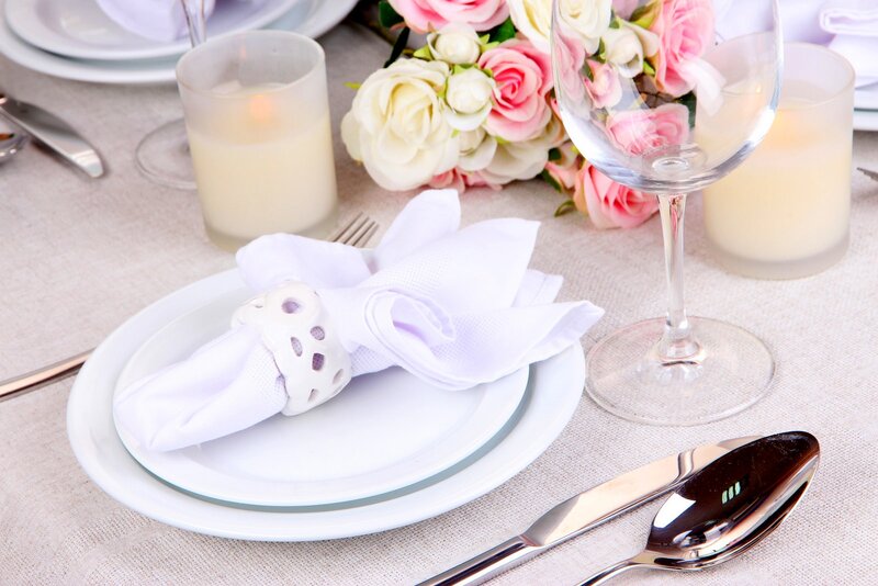 Dinner Table Setting — White, Elegant, Photograph, Flowers