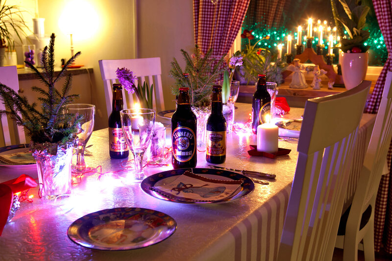 Dinner Table Setting — White, Festive, Night, Photograph, Candles, Beer Bottles