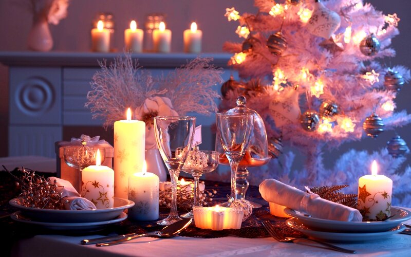 Dinner Table Setting — White, Festive, Night, Photograph, Candles, Christmas Tree