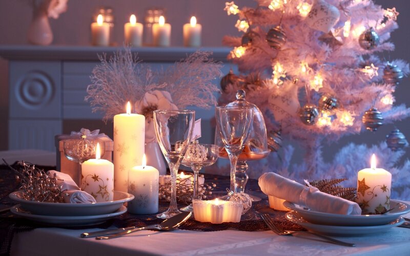 Dinner Table Setting — White, Festive, Night, Photograph, Candles