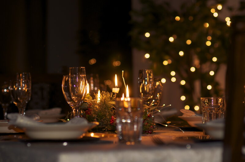 Dinner Table Setting — White, Festive, Night, Photograph, Candles, Wine Glasses