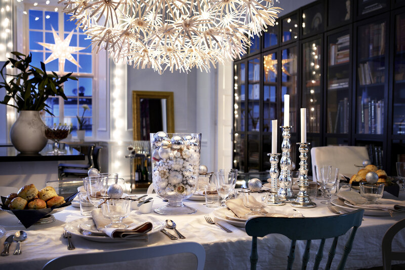 Dinner Table Setting — White, Festive, Night, Photograph, Chandelier