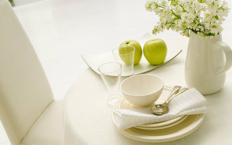 Dinner Table Setting — White, Serene, Morning, Photograph