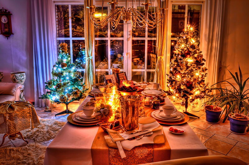 Dinner Table with Christmas Trees — Gold