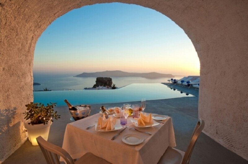 Dinner Table with Ocean View — Blue, Serene, Sunset, Photograph