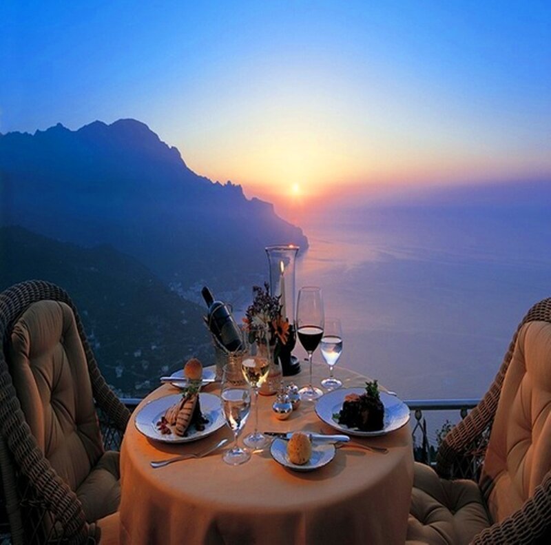 Dinner Table with Ocean View — Blue, Serene, Sunset
