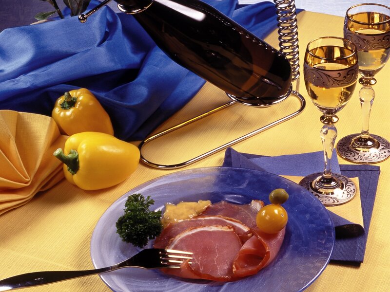 Dinner with ham and wine
