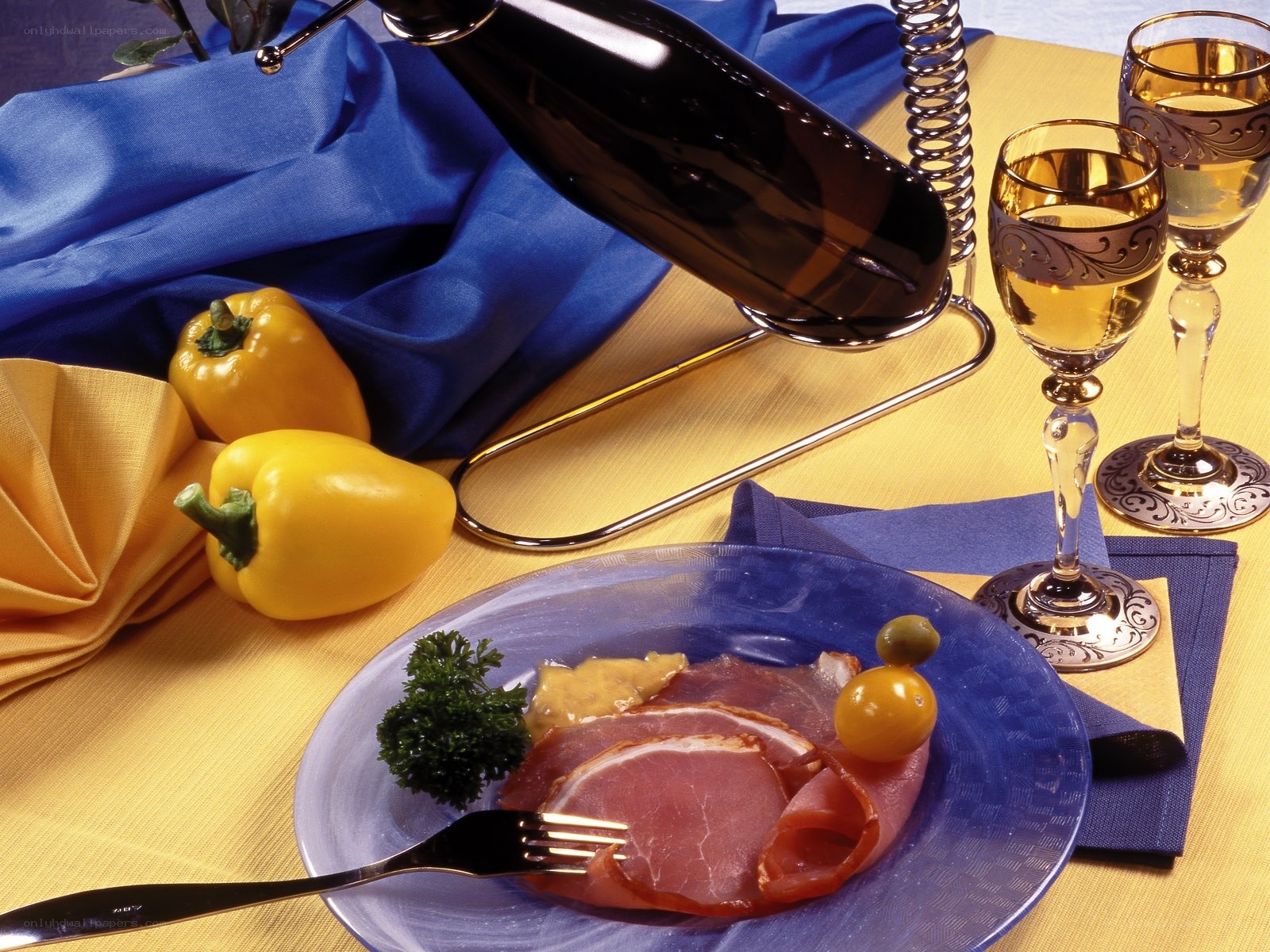 Dinner with ham and wine