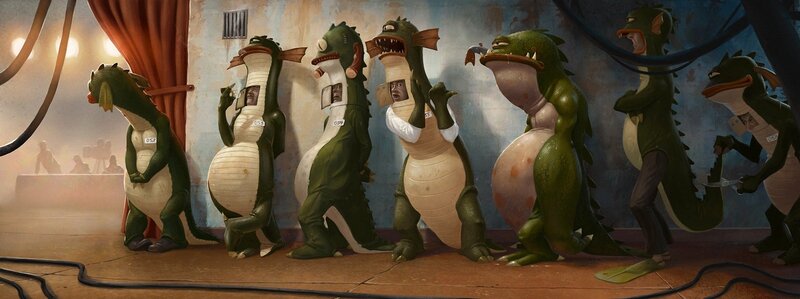 Dinosaur actors on stage
