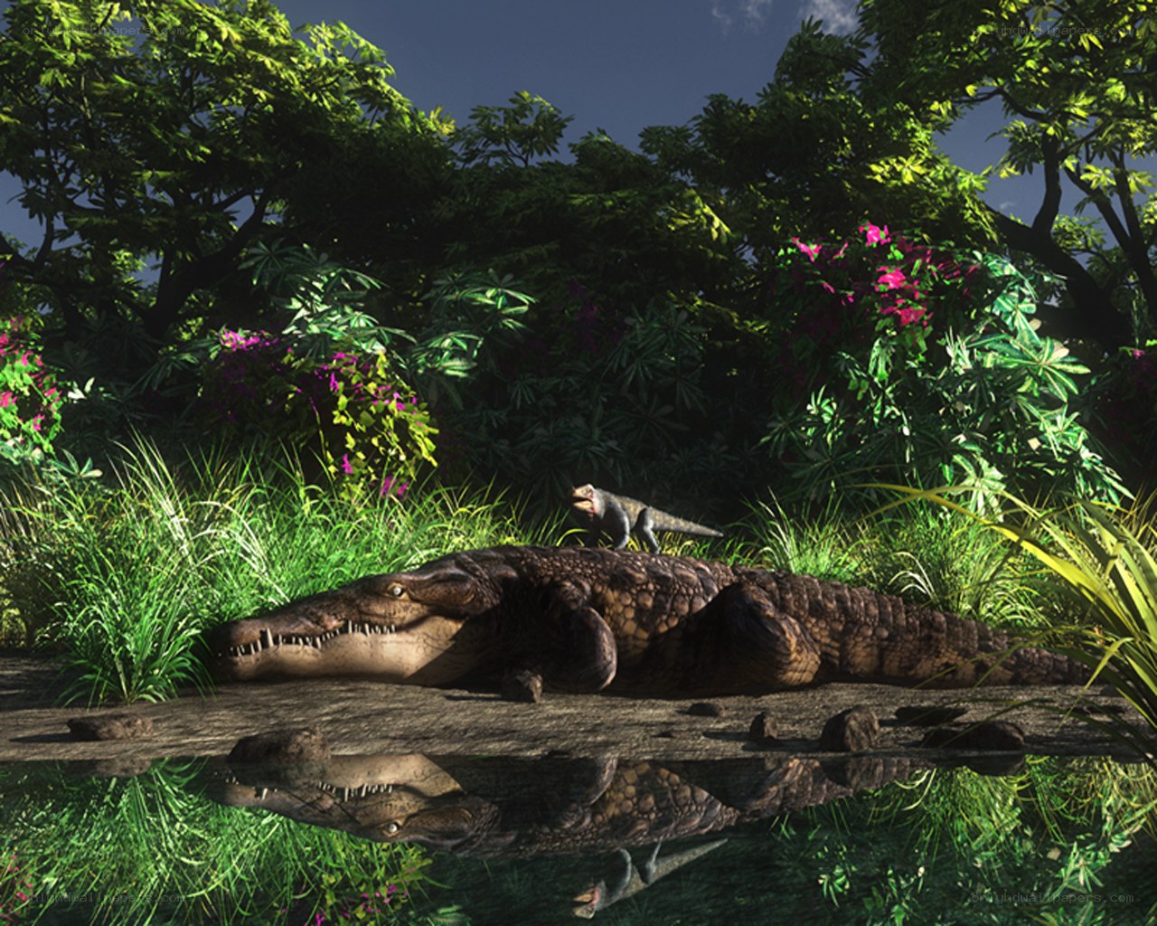 Dinosaur and crocodile in jungle