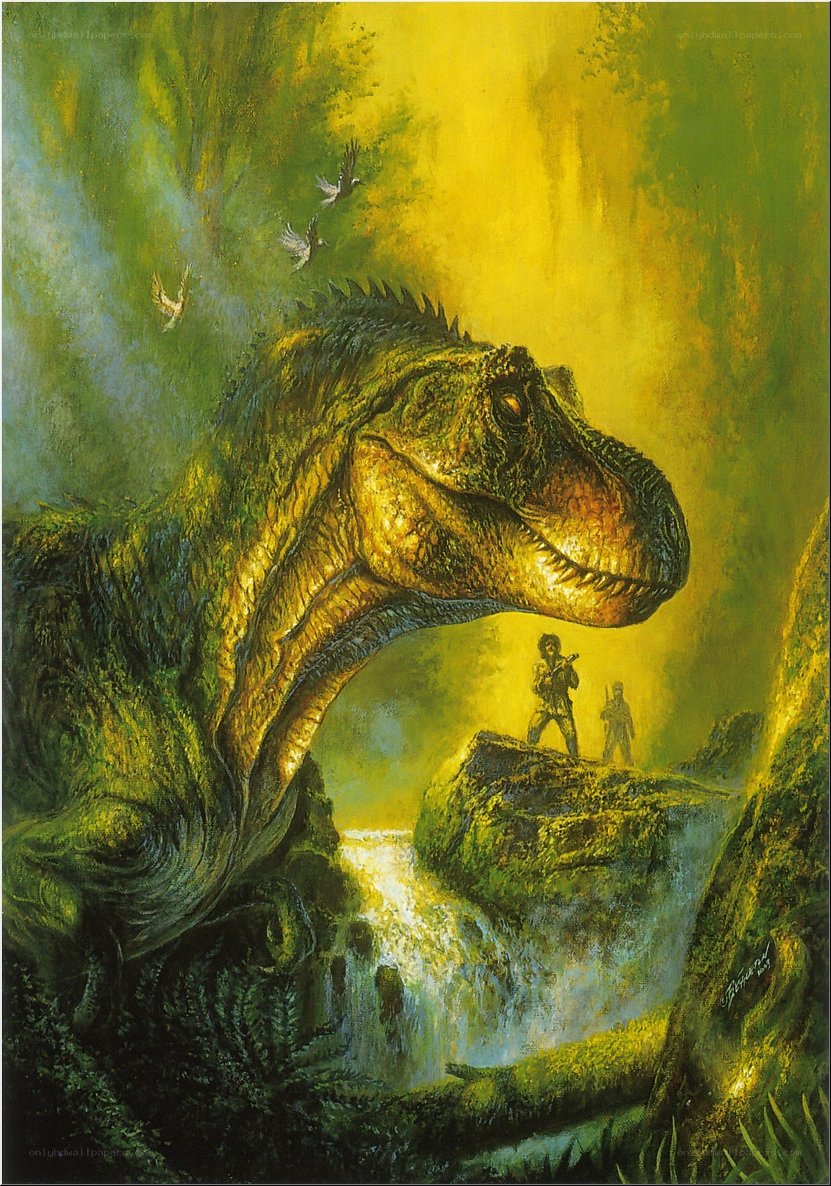 Dinosaur and explorers in jungle