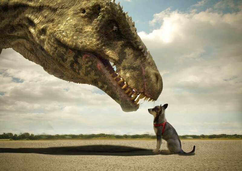 Dinosaur and puppy encounter