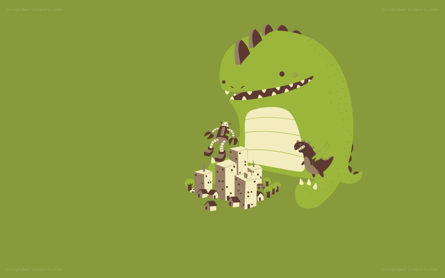 dinosaur and robot in city