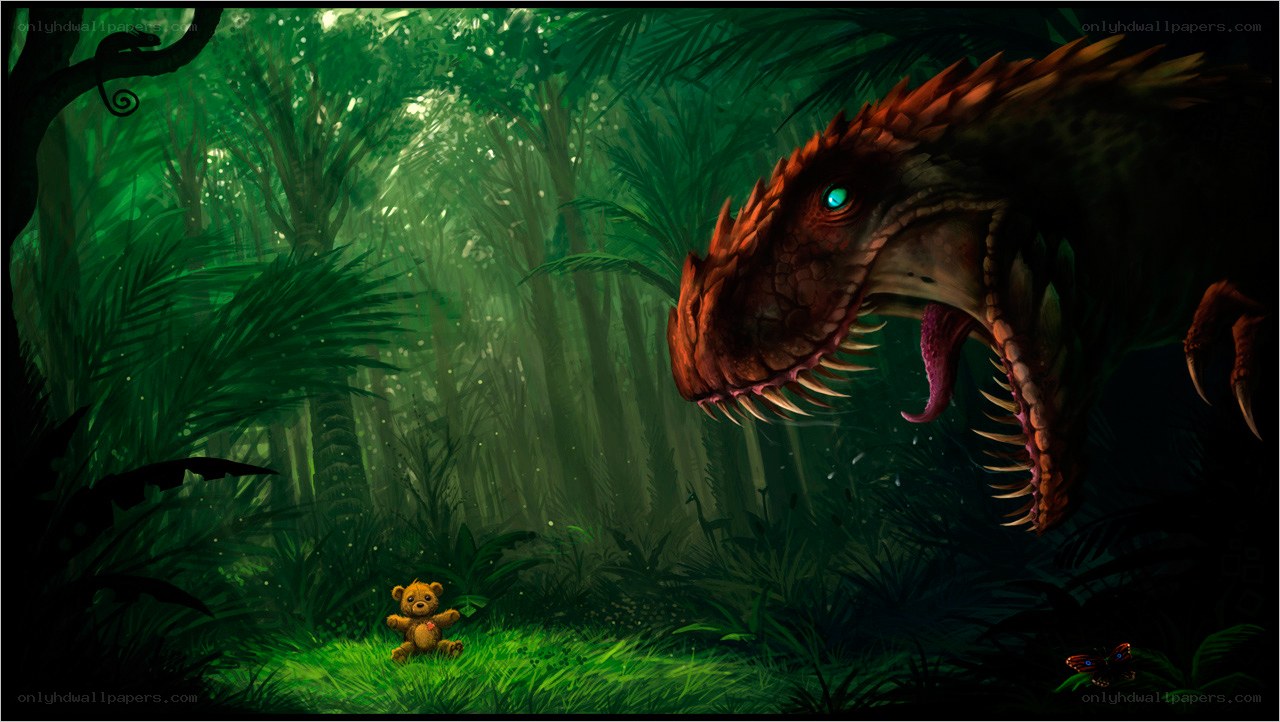 Dinosaur and teddy bear in jungle