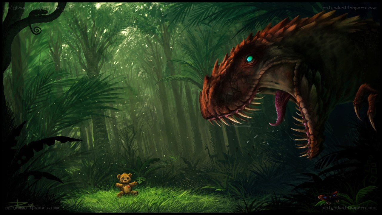Dinosaur and teddy bear in jungle