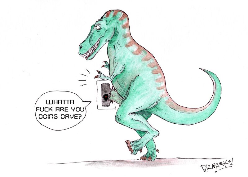 dinosaur at light switch