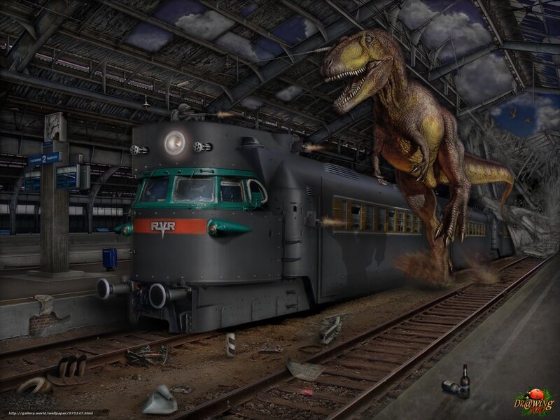 Dinosaur attacks train at station