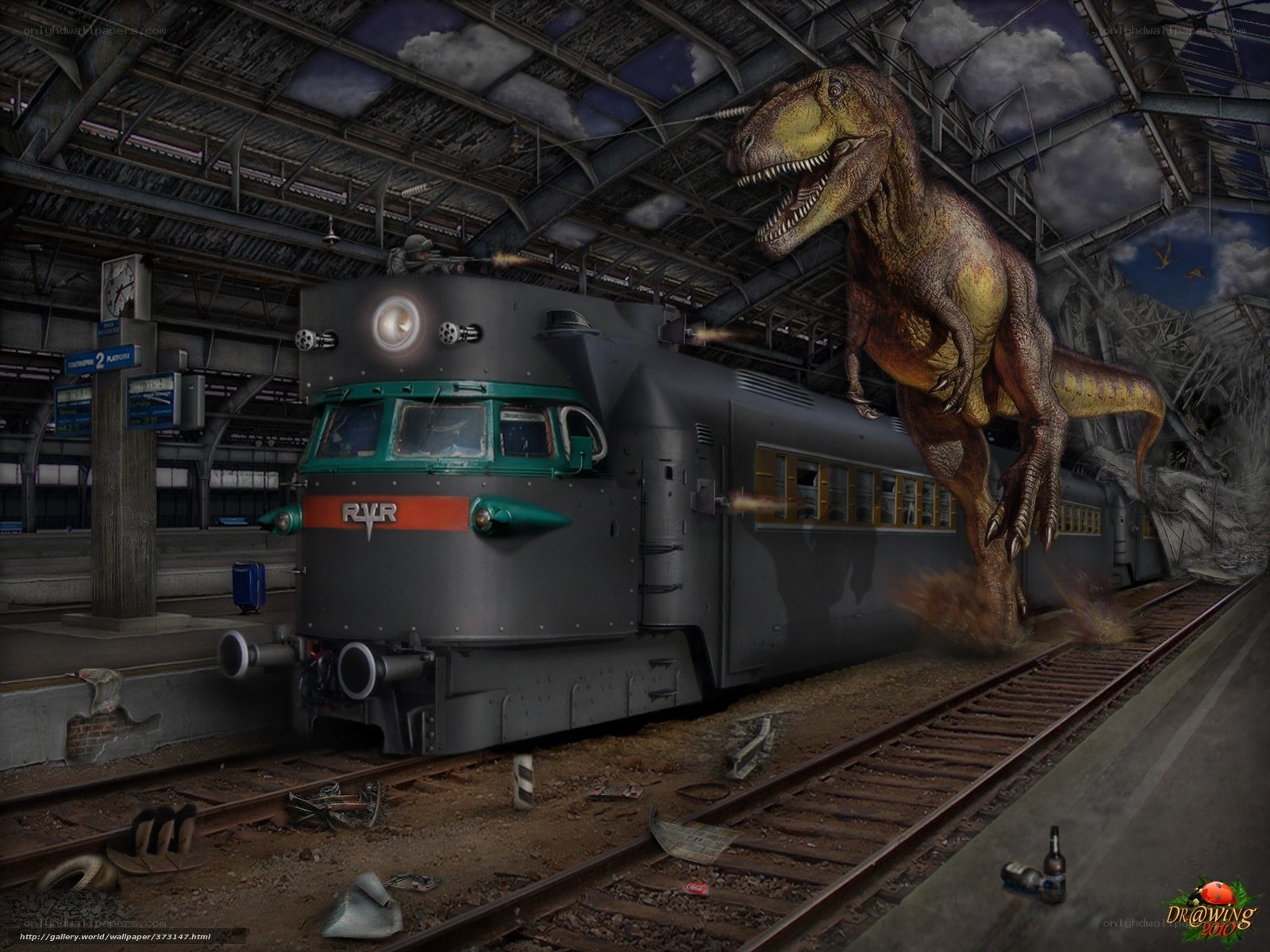 Dinosaur attacks train at station