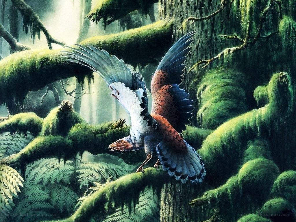 Dinosaur bird in a lush forest