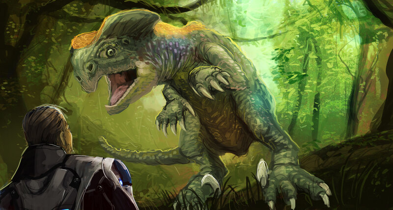 Dinosaur Confronting Soldier
