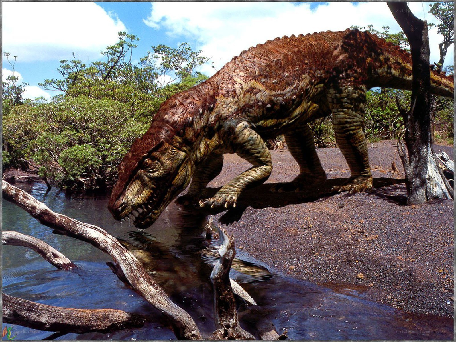 Dinosaur drinking from a river