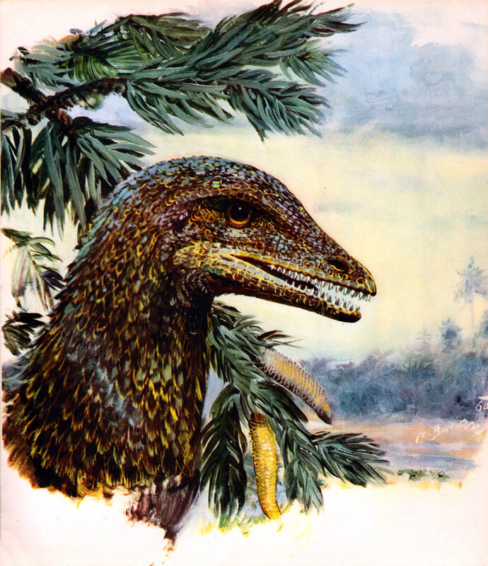 Dinosaur eating pine needles