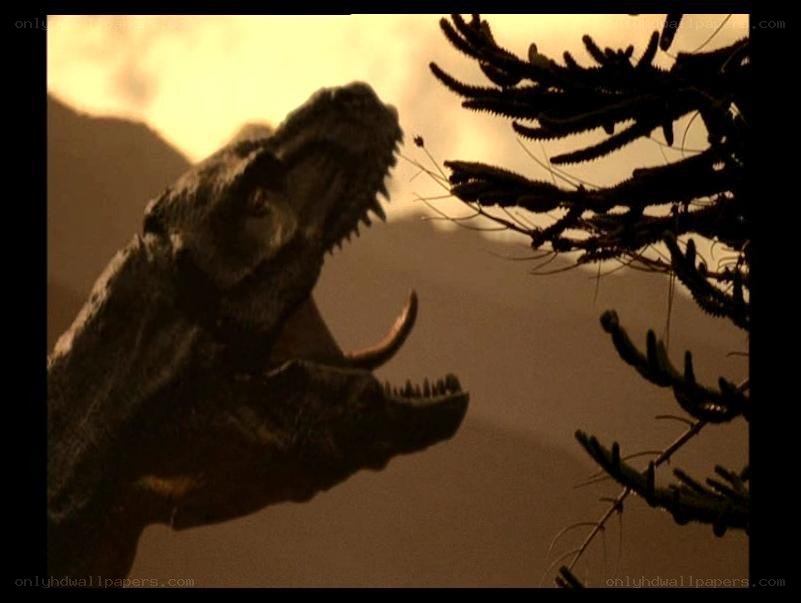 dinosaur eating plant at sunset