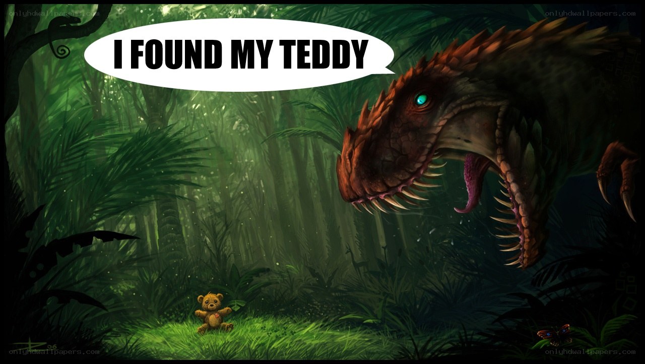dinosaur finds teddy bear