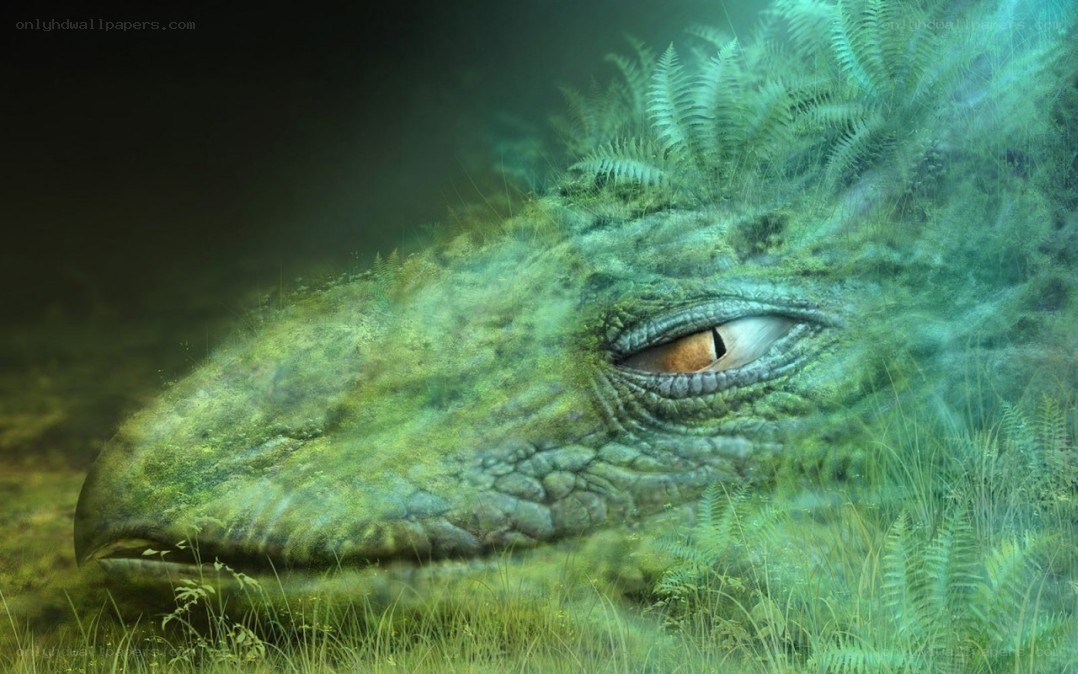 dinosaur head in prehistoric forest