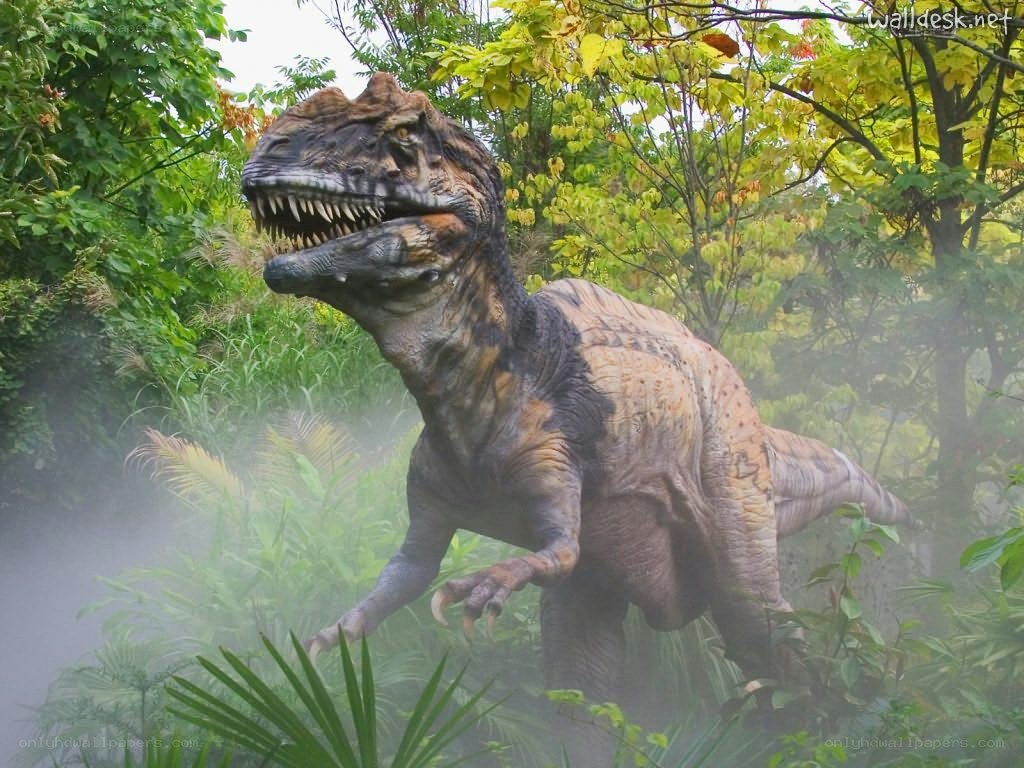 Dinosaur in a misty forest