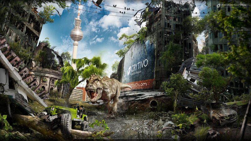 Dinosaur in a ruined city