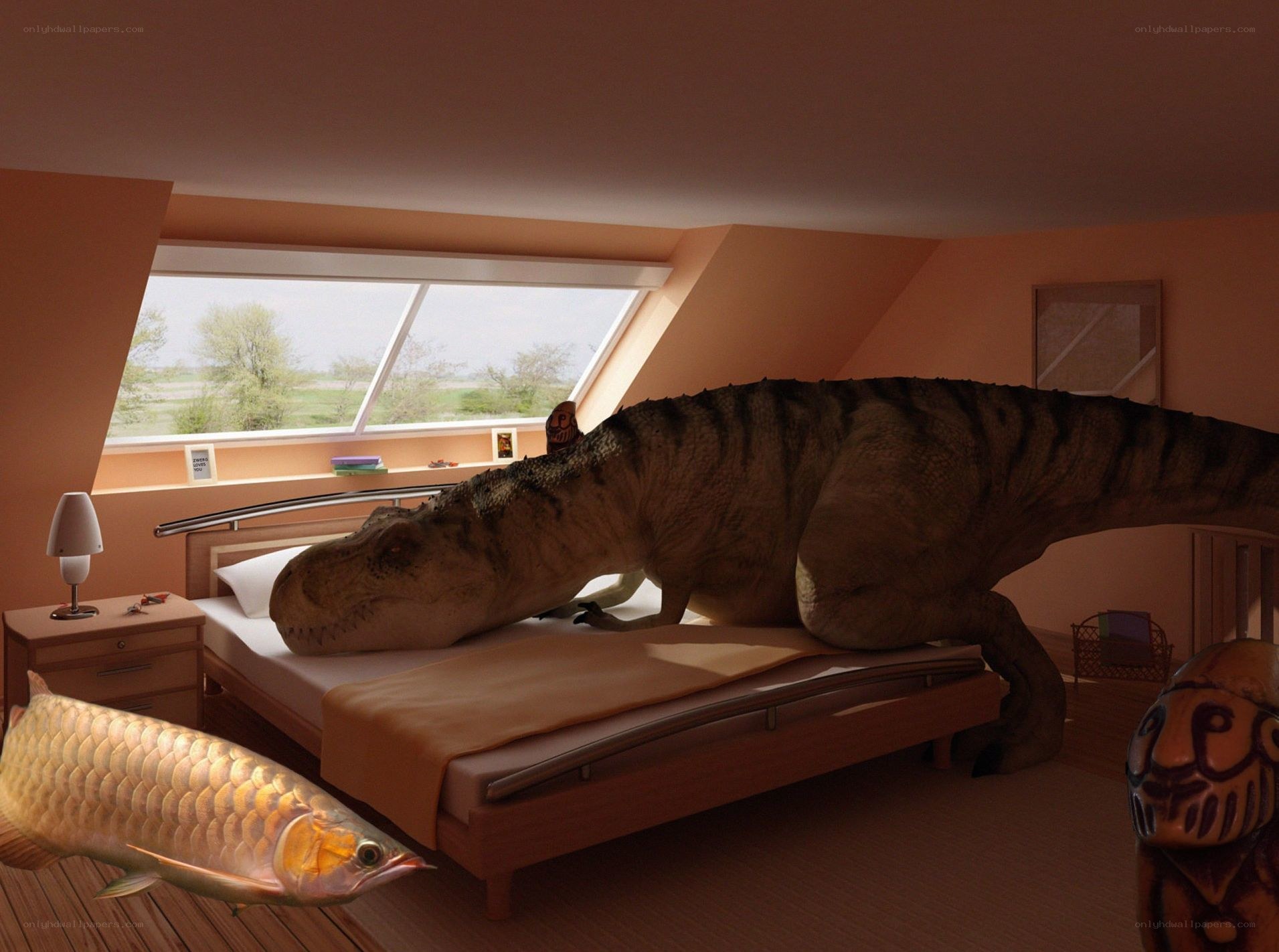 Dinosaur in bedroom scene